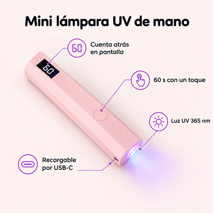 Mini lámpara UV de mano rosa: 365 nm, 60 segundos, recargable por USB-C